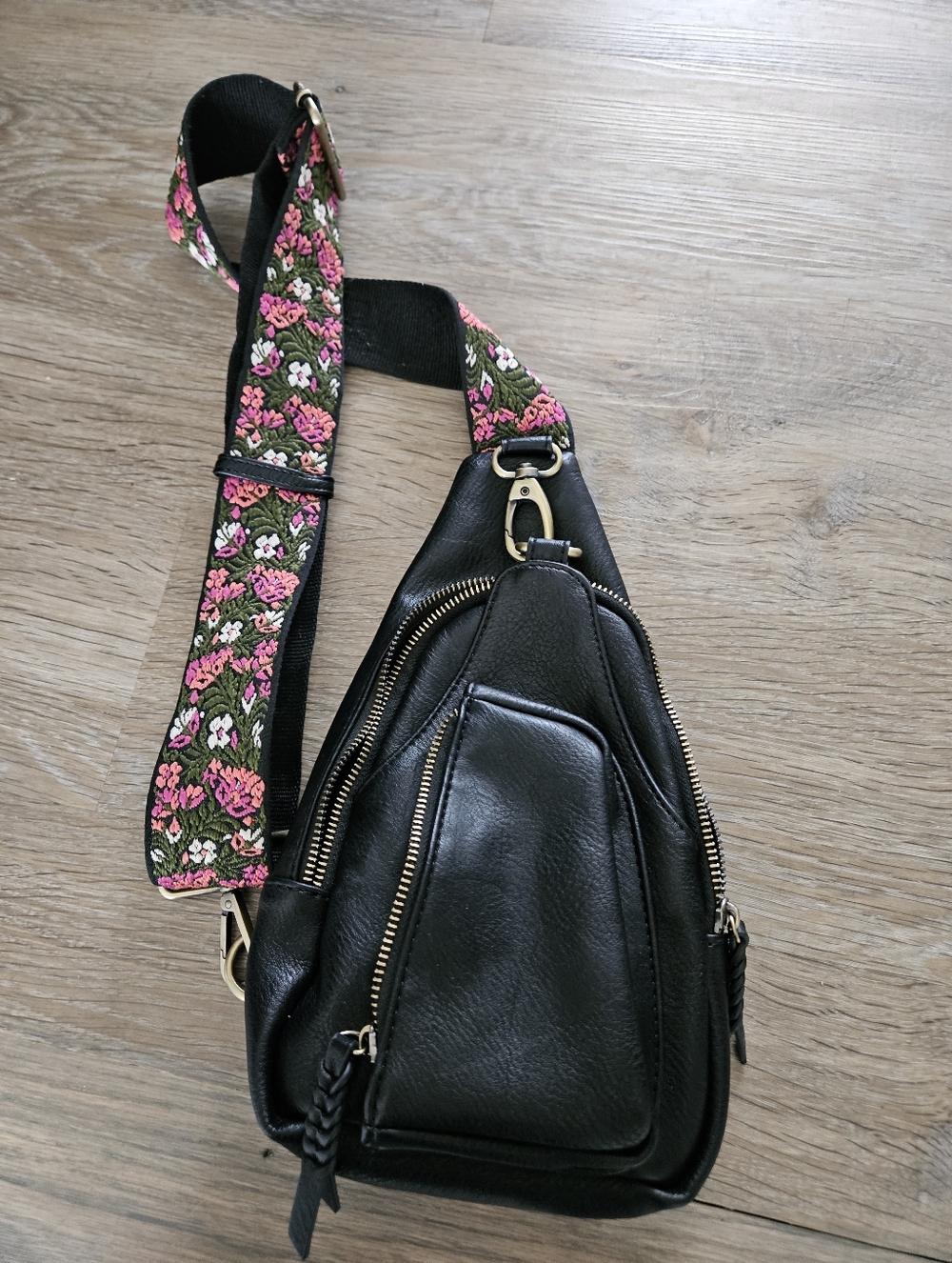 Antik Kraft Tasha Webbing Strap Sling Bag In Black Vegan Leather